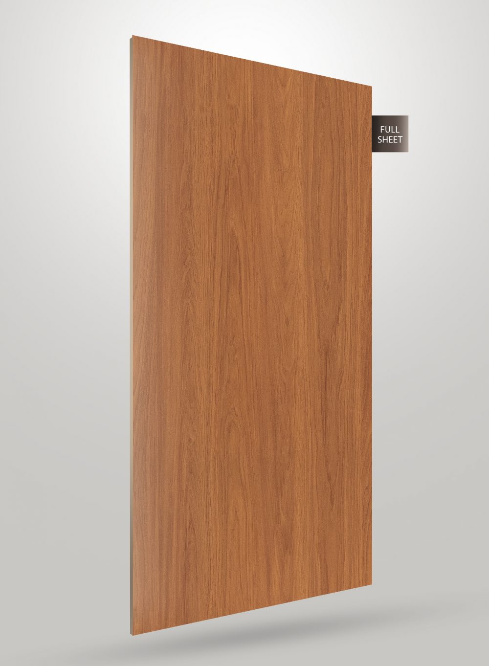 Brown wood grain decorative laminate sheet with matte finish and visible wood texture displayed at an angle.