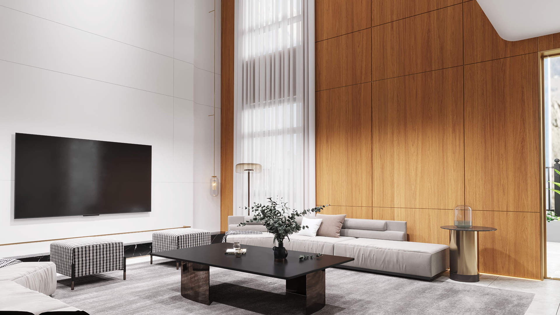 Brown wood laminate wall panels with visible grain in a modern living room setting with furniture and decor