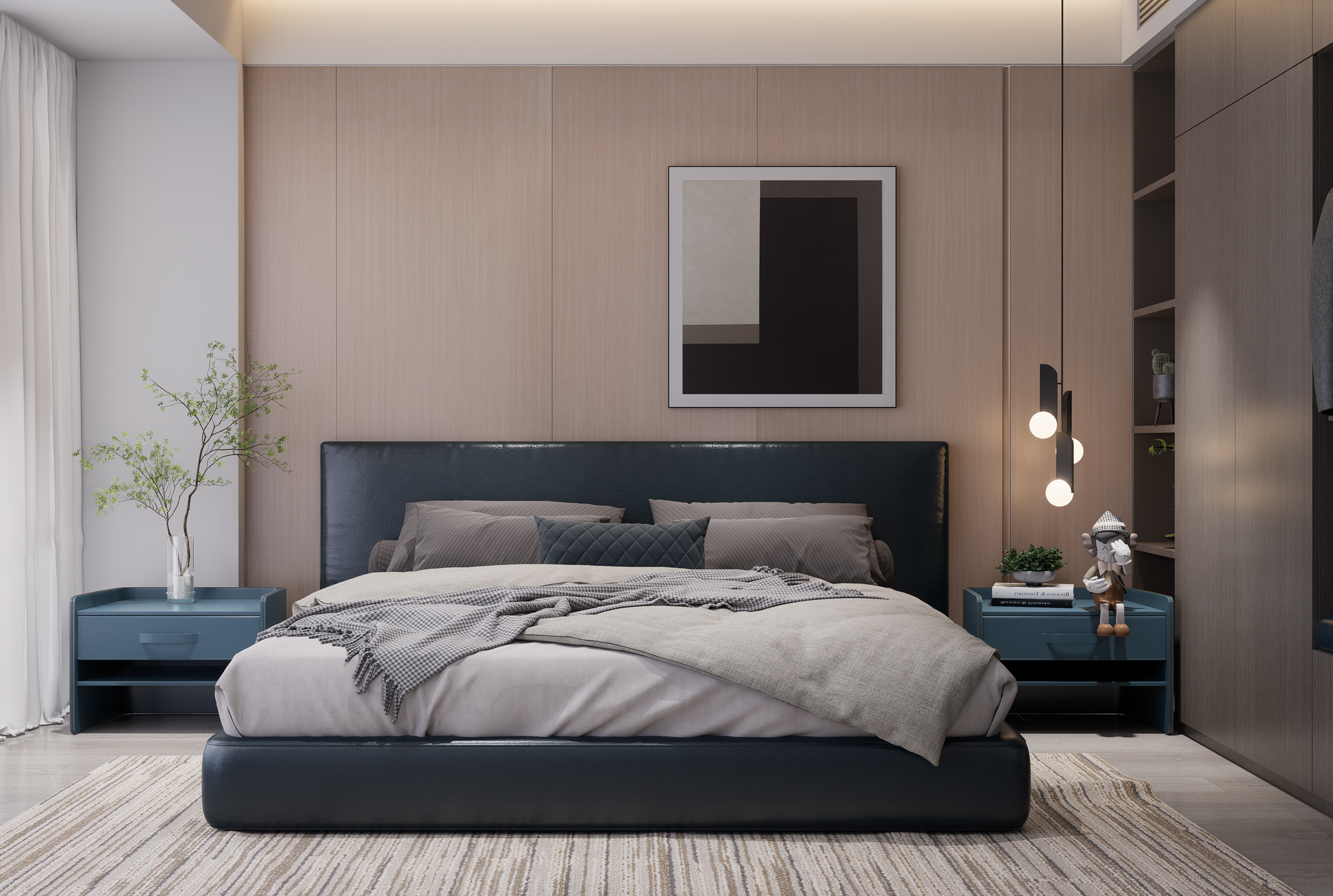 Beige wood grain laminate wall panels in modern bedroom with dark blue furniture and gray bedding, showing matte finish.
