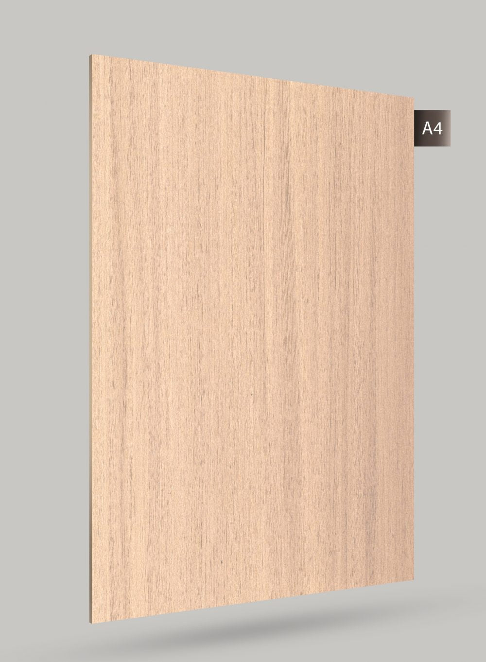 Beige wood grain decorative laminate with matte finish and vertical wood texture pattern on a grey background