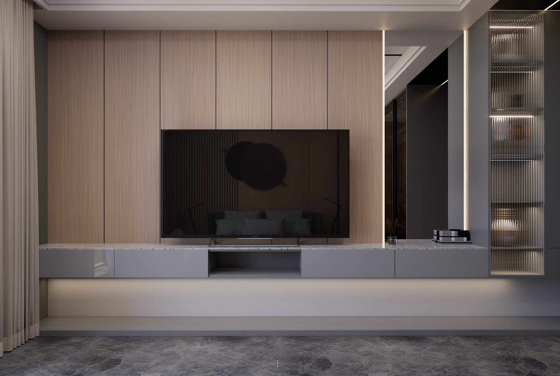 Beige wood laminate wall with matte finish and wood grain texture in modern interior setting