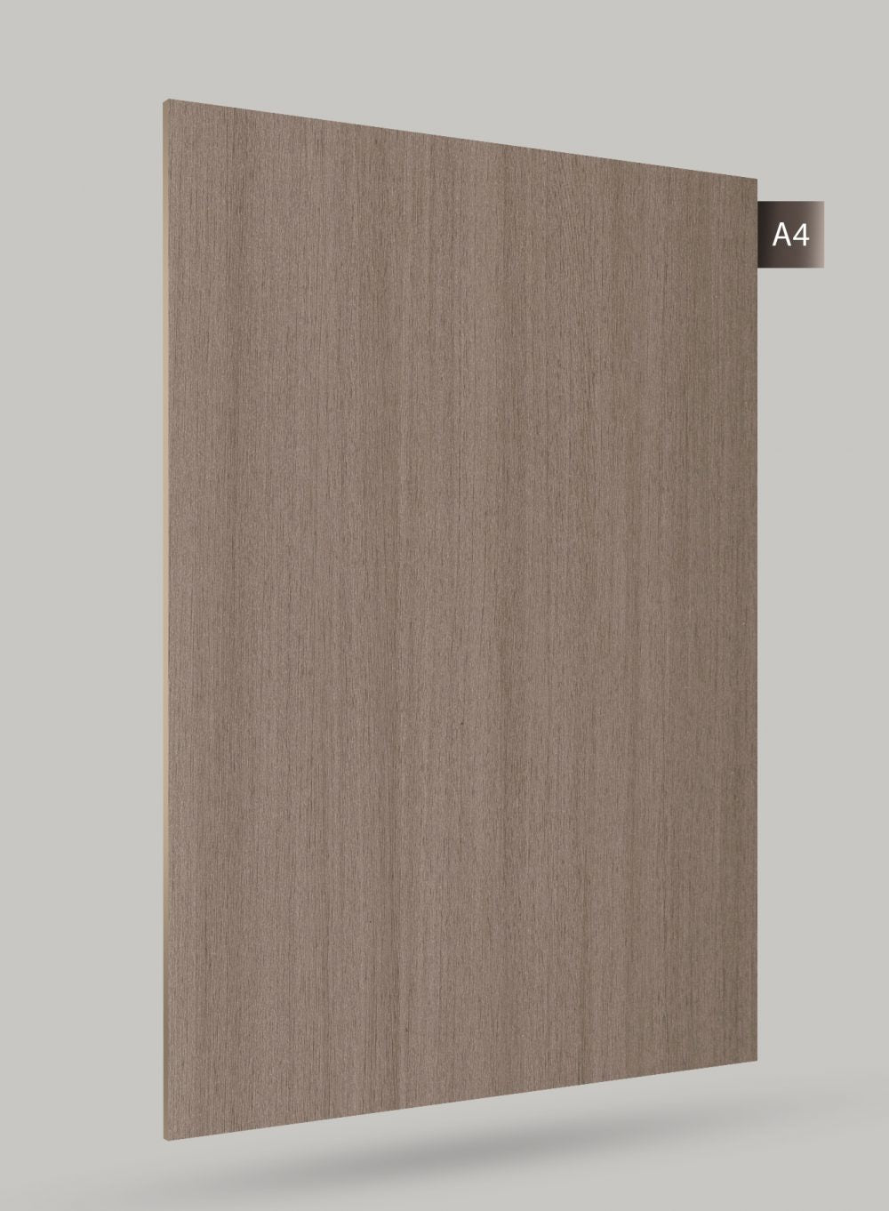 Grey wood grain decorative laminate with matte finish and vertical wood texture pattern on a rectangular sheet.