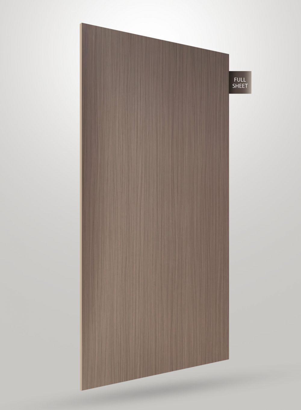Grey wood grain decorative laminate sheet with matte finish and vertical wood pattern visible on full sheet surface.