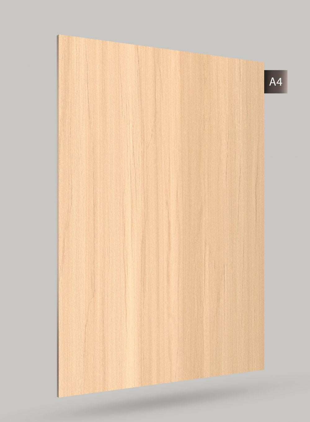 Beige wood grain decorative laminate with matte finish and vertical wood pattern texture on a grey background