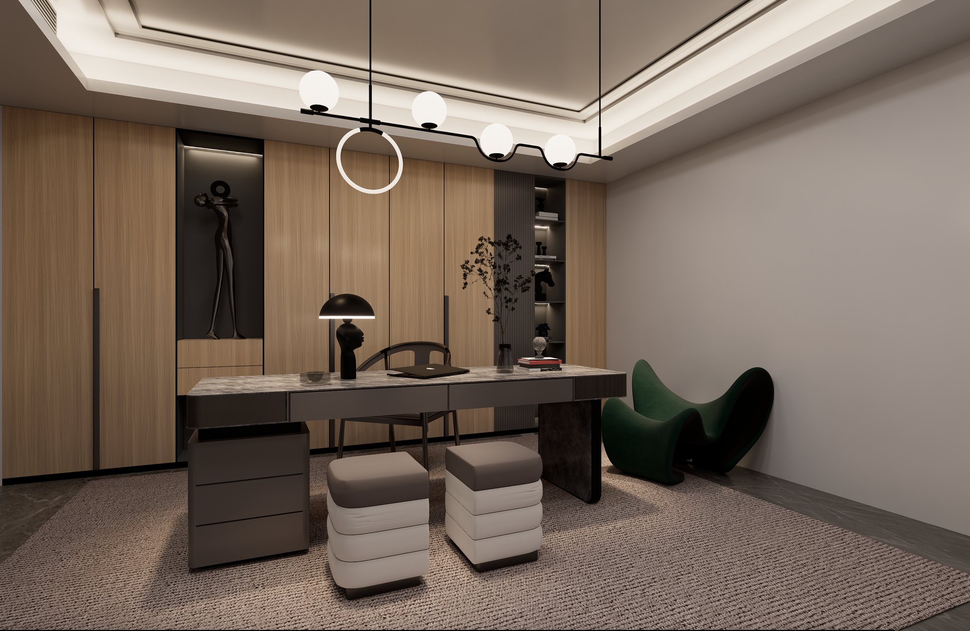 Beige wood grain laminate used on modern office cabinets and wall paneling with matte finish and textured wood pattern.