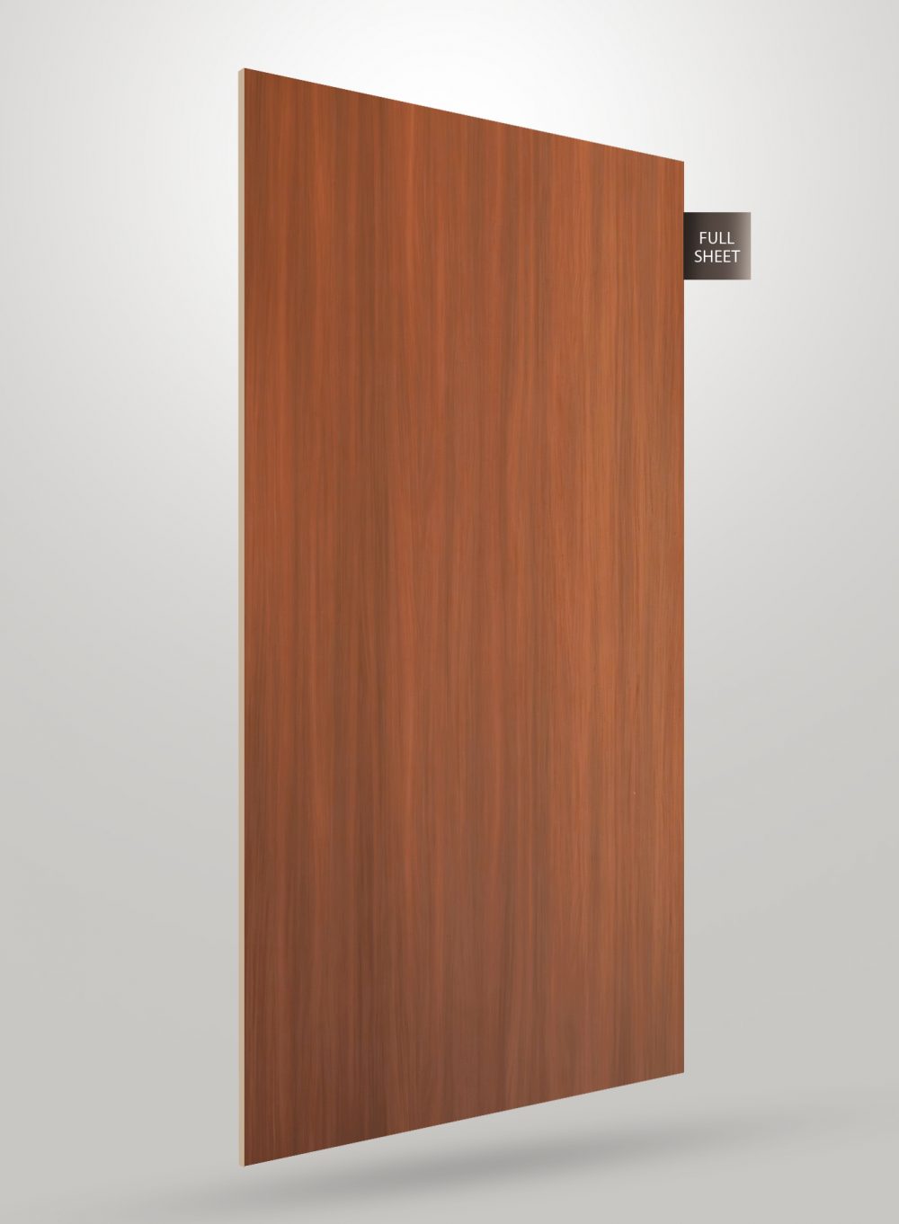 Brown wood grain decorative laminate sheet with matte finish and vertical wood pattern texture displayed as full sheet.
