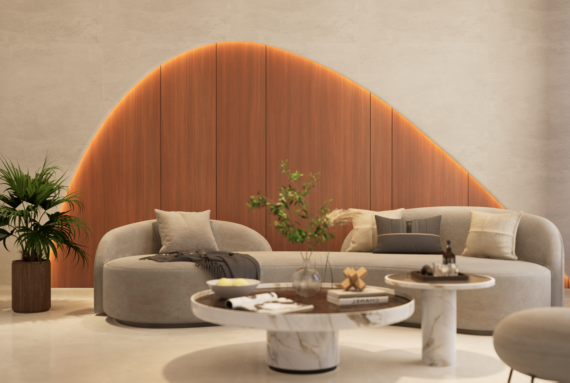 Brown wood laminate wall with matte finish and wood grain texture in a modern living room setting with curved sofa