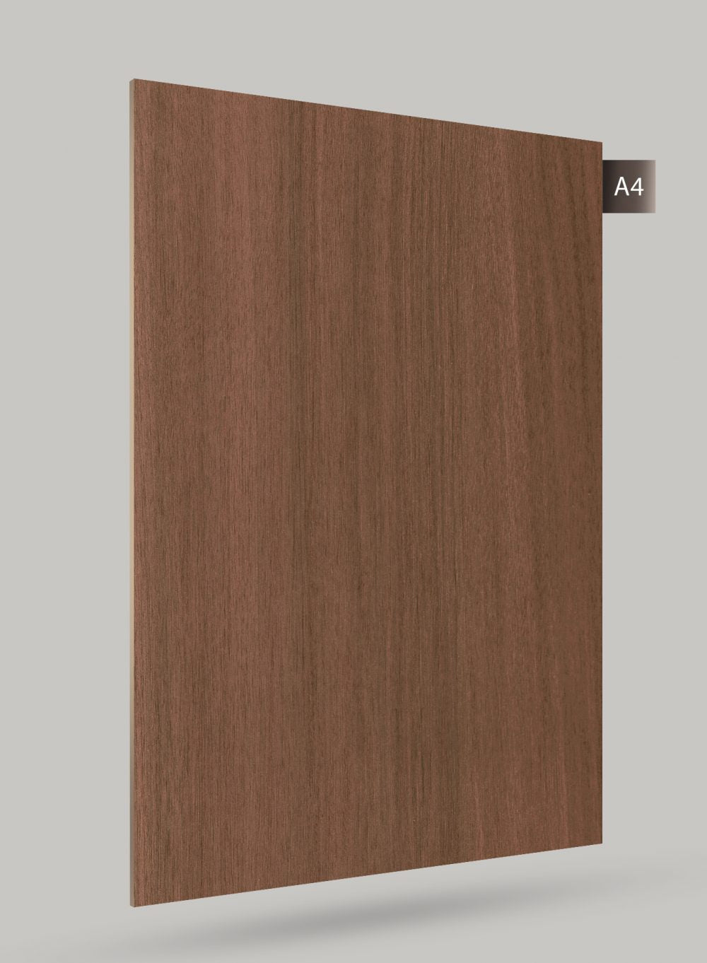 Brown wood grain decorative laminate with matte finish and vertical wood texture pattern on a rectangular sheet.