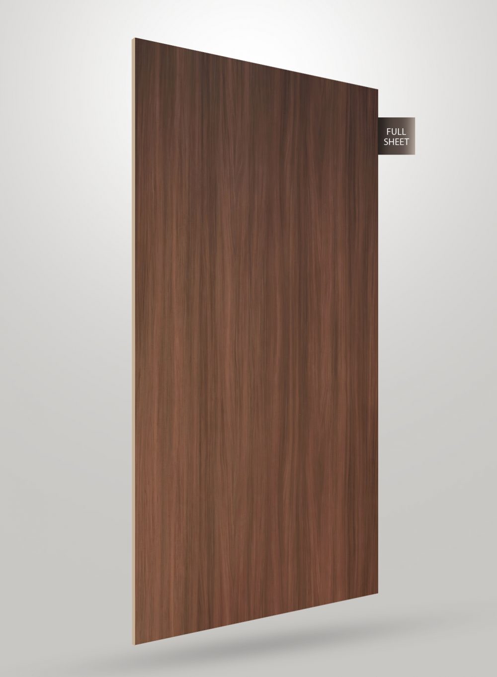 Brown wood grain decorative laminate sheet with matte finish and vertical grain pattern, labeled full sheet.