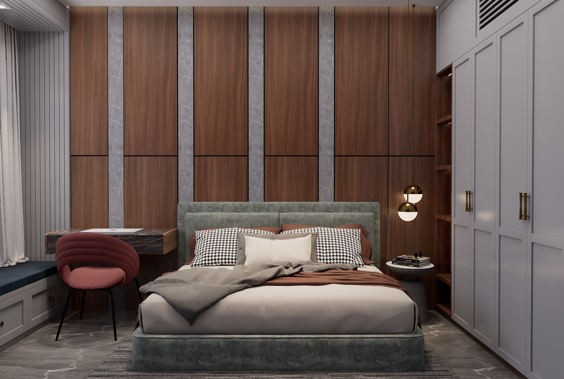 Brown wood laminate wall panels with matte finish and wood grain texture in a modern bedroom interior design
