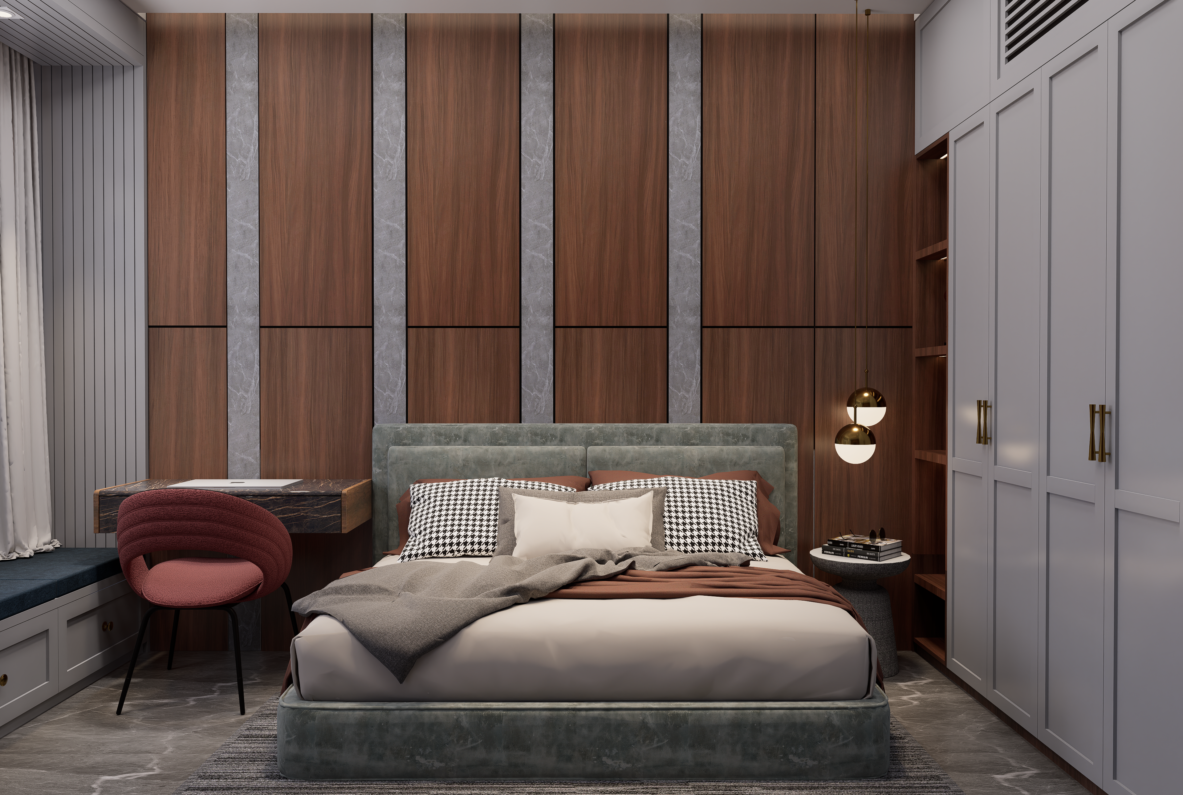 Brown wood laminate wall panels with matte finish and wood grain texture in a modern bedroom interior design