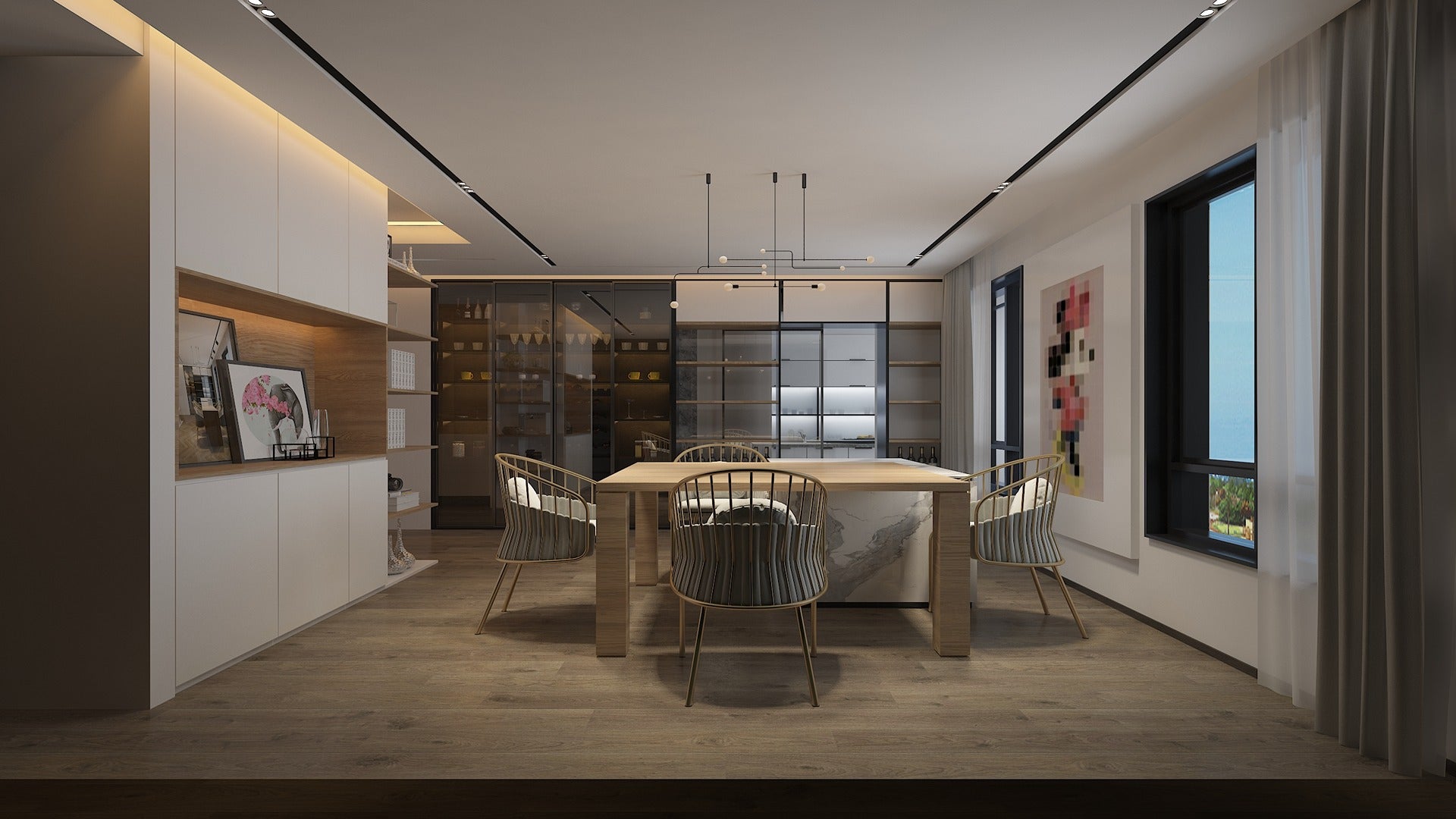 Brown wood laminate flooring and furniture in modern dining room with minimalist decor and natural light from large window.