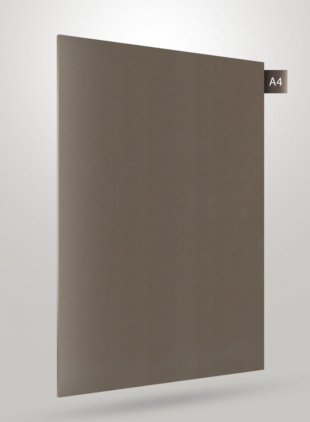 Brown matte laminate sheet with subtle texture and A4 label on corner, showcasing decorative laminate finish and design.