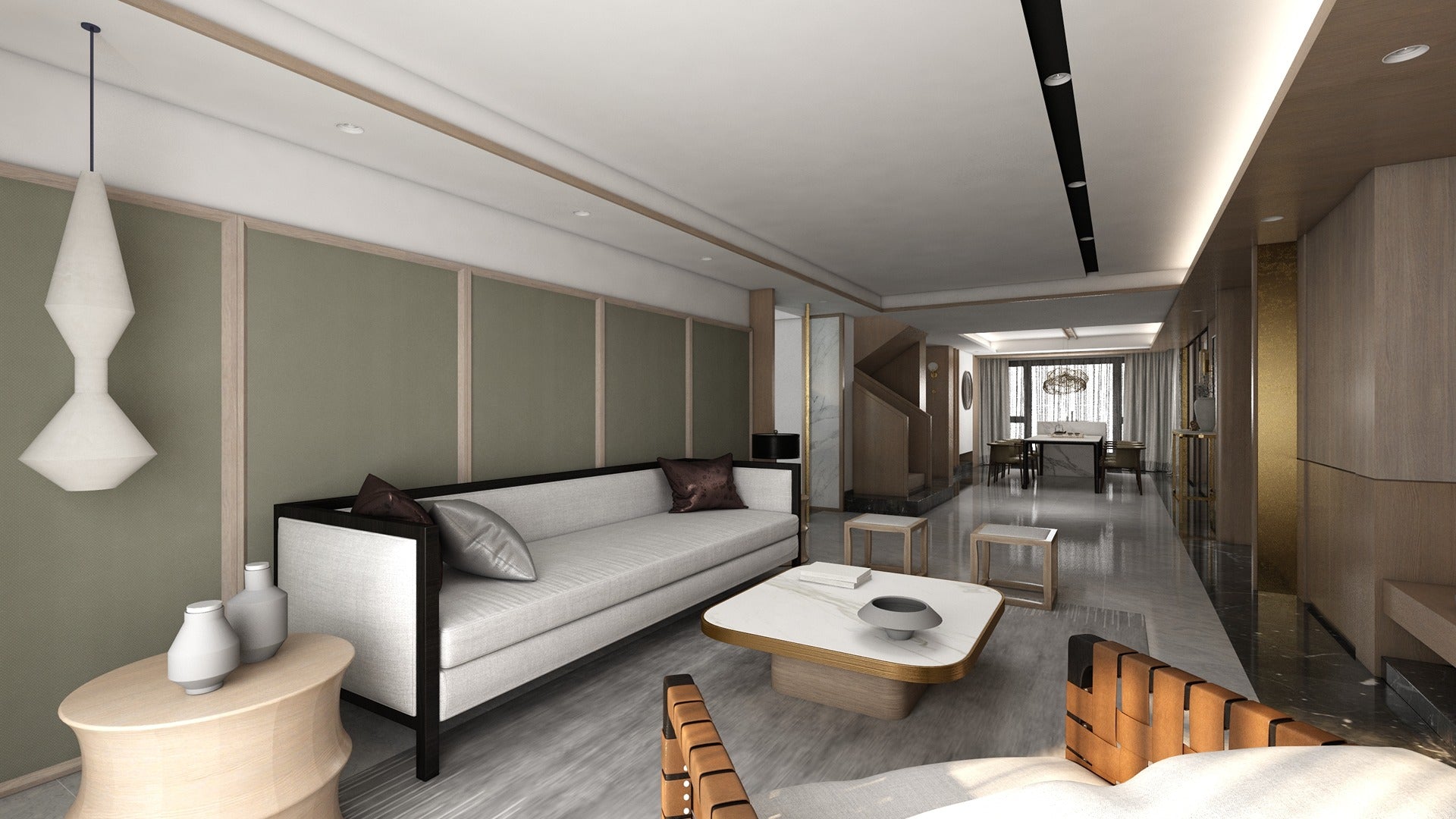 Brown wood laminate used on walls and furniture in a modern living room with minimalist decor and sleek furniture.