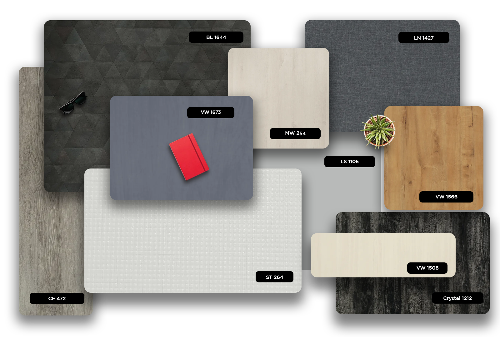 Multi-coloured patterned laminate with matte finish, showcasing various designs and textures in a collage of samples.
