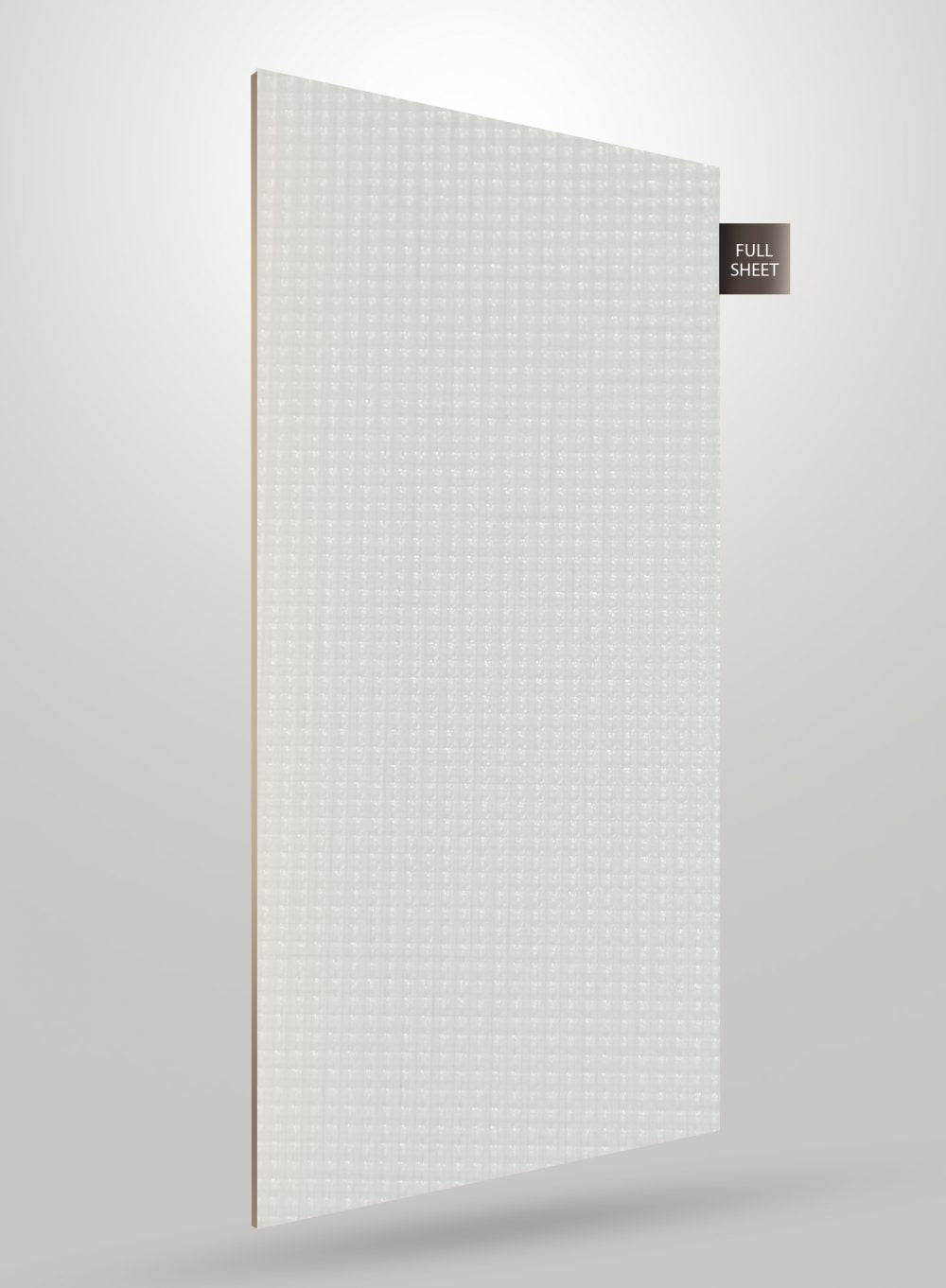 White patterned laminate sheet with grid texture and matte finish, shown at an angle with full sheet label.