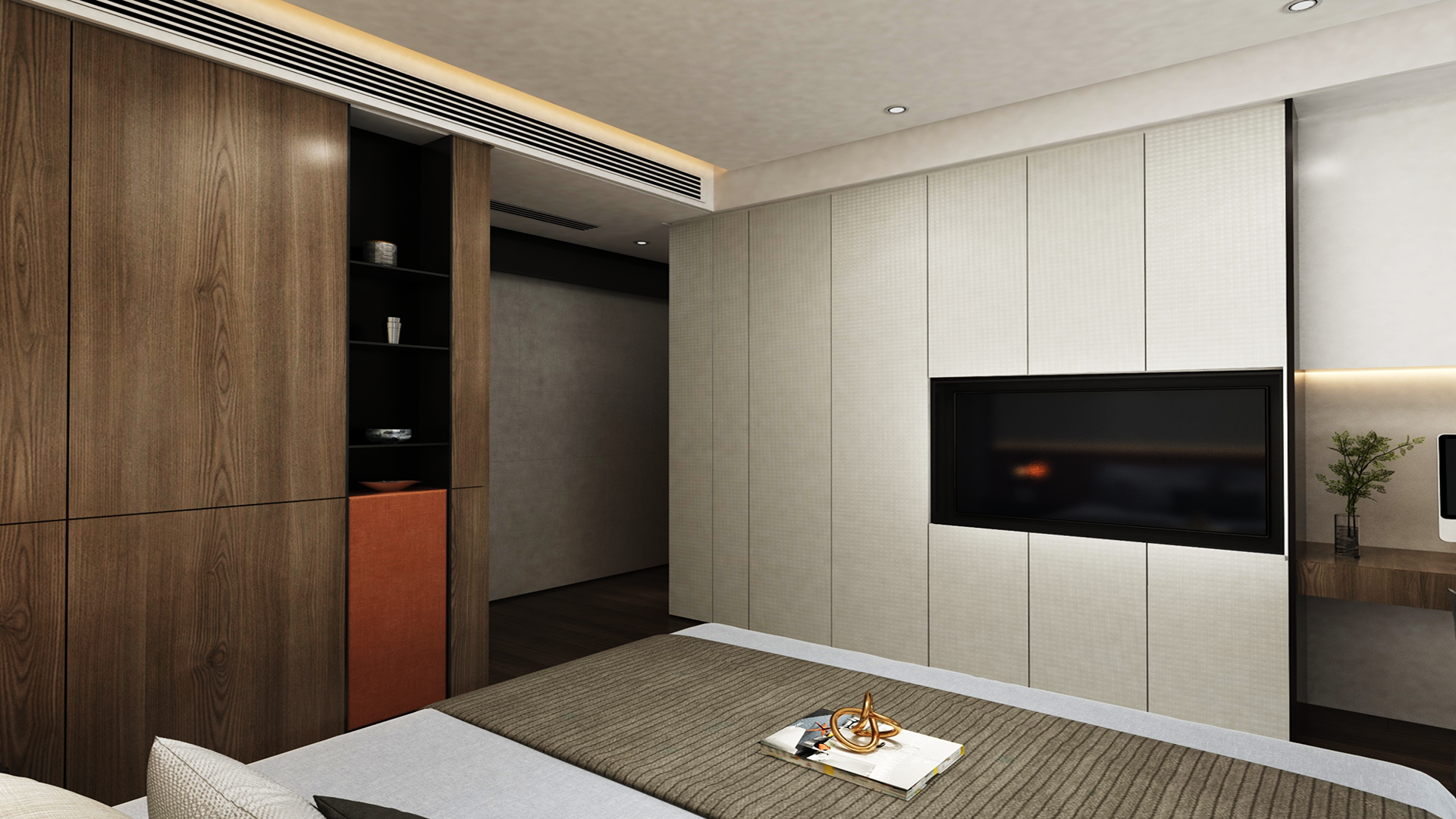 Multi-coloured patterned laminate with matte finish used on wall and furniture in modern bedroom interior design.