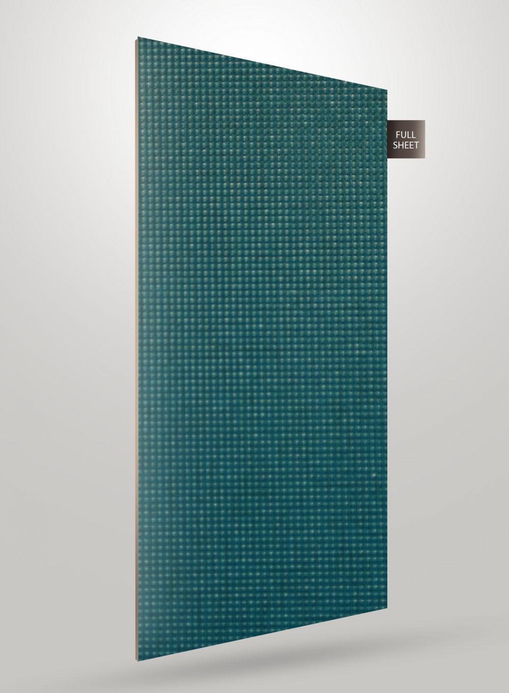 Teal decorative laminate sheet with matte finish and textured pattern, showing full sheet view with subtle grid design.