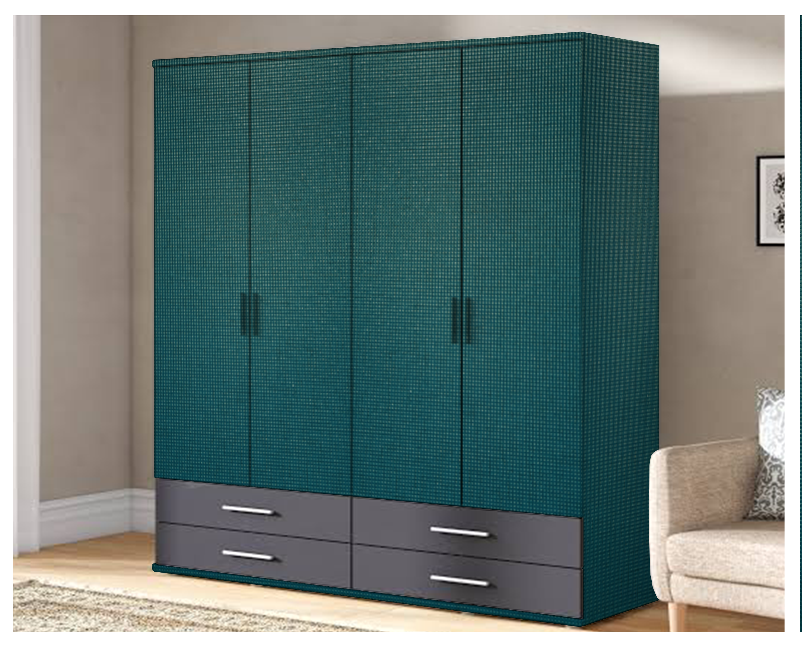 Teal matte laminate wardrobe with textured finish and dark grey drawers in a beige room setting.