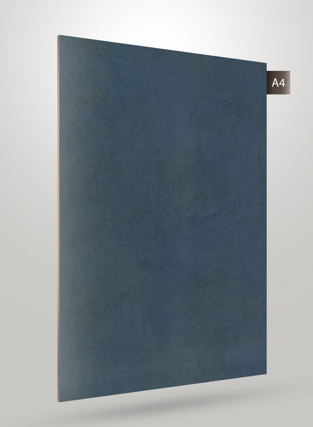 Matte grey decorative laminate sheet with subtle texture and smooth finish, solid colour design, visible edge and label A4.