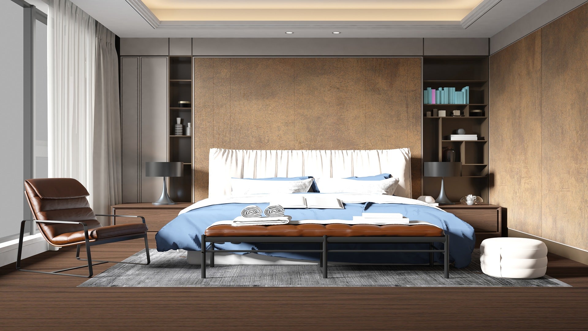 Brown stone laminate wall and shelving units in modern bedroom with blue bed and brown leather chair