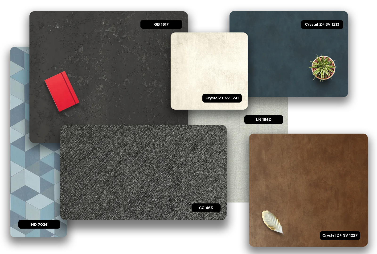 Multicolored patterned laminate samples with various textures and finishes displayed together showcasing different designs