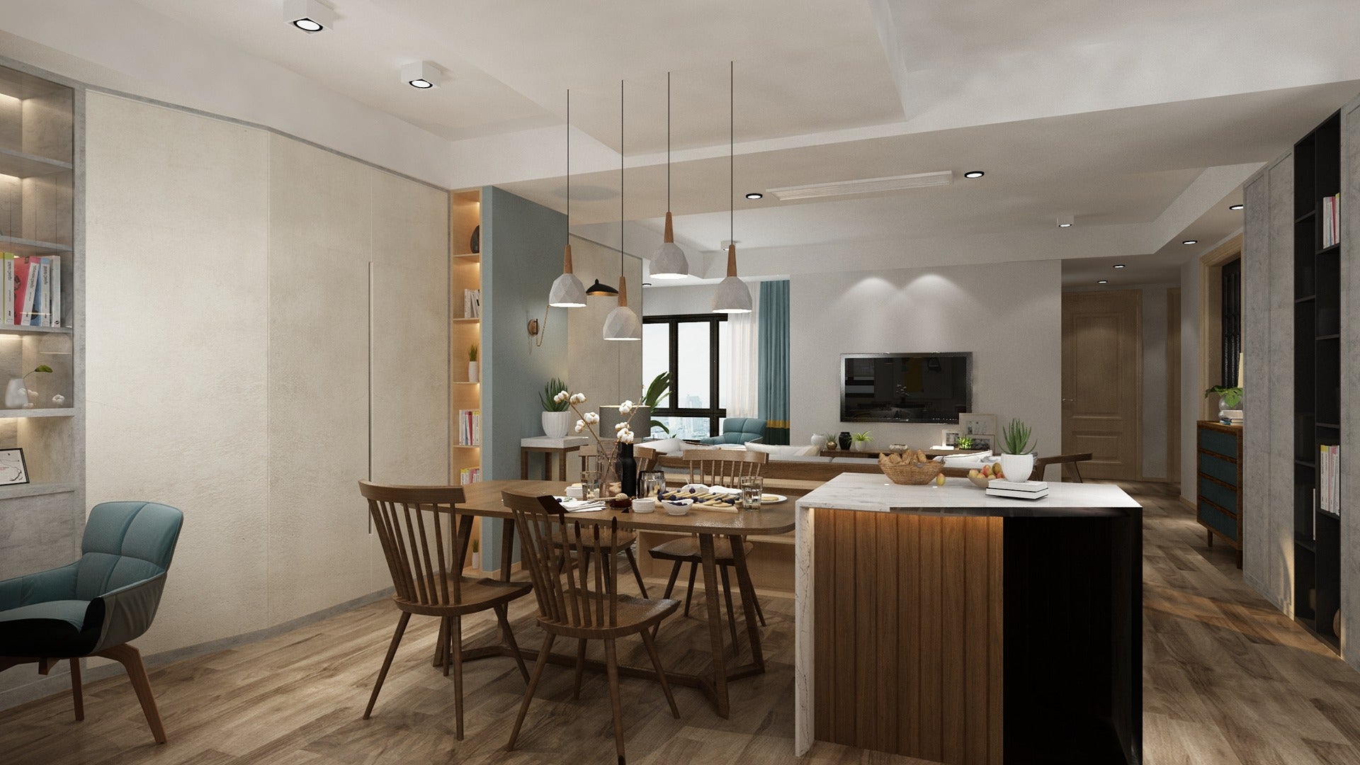 Textured beige laminate wall in modern living space with dining area and kitchen island, showcasing matte finish and subtle