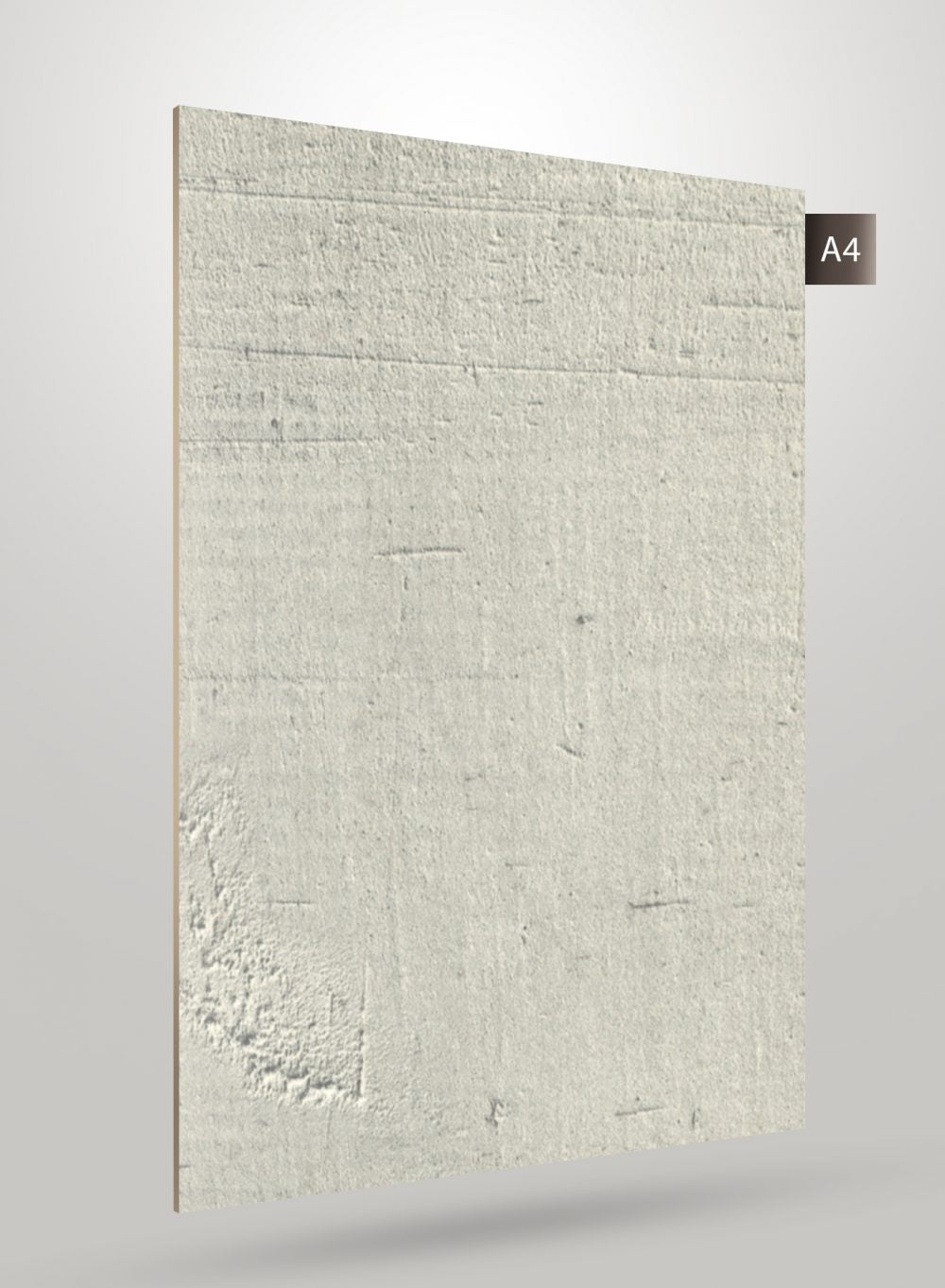 Grey matte decorative laminate with textured wood grain pattern and rough finish, showing thickness edge.