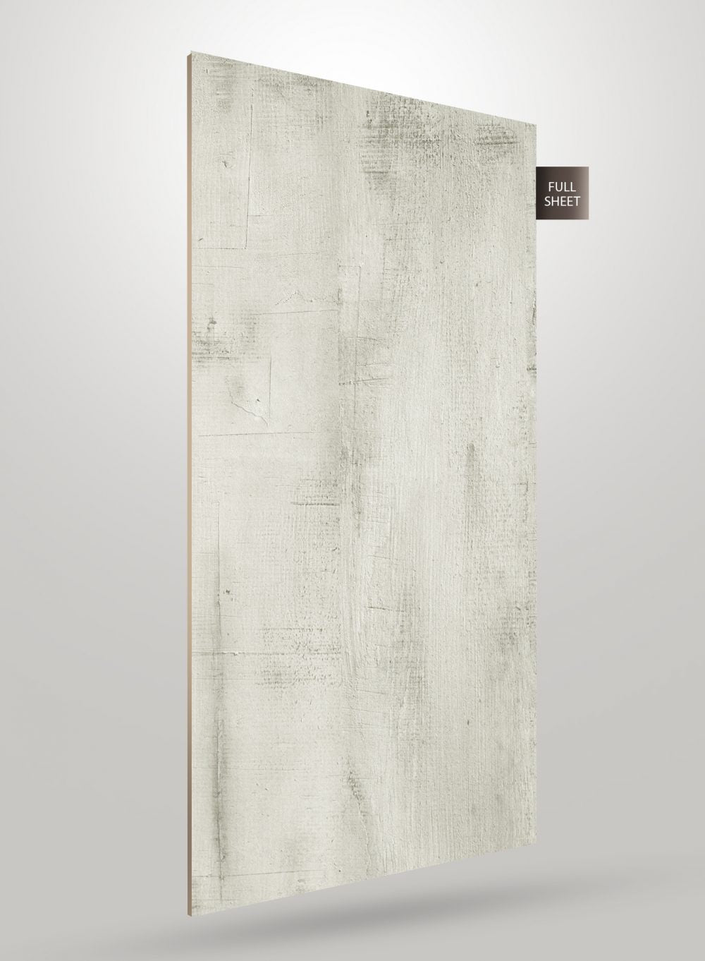 Grey wood grain decorative laminate with matte finish and textured surface, showing a full sheet.