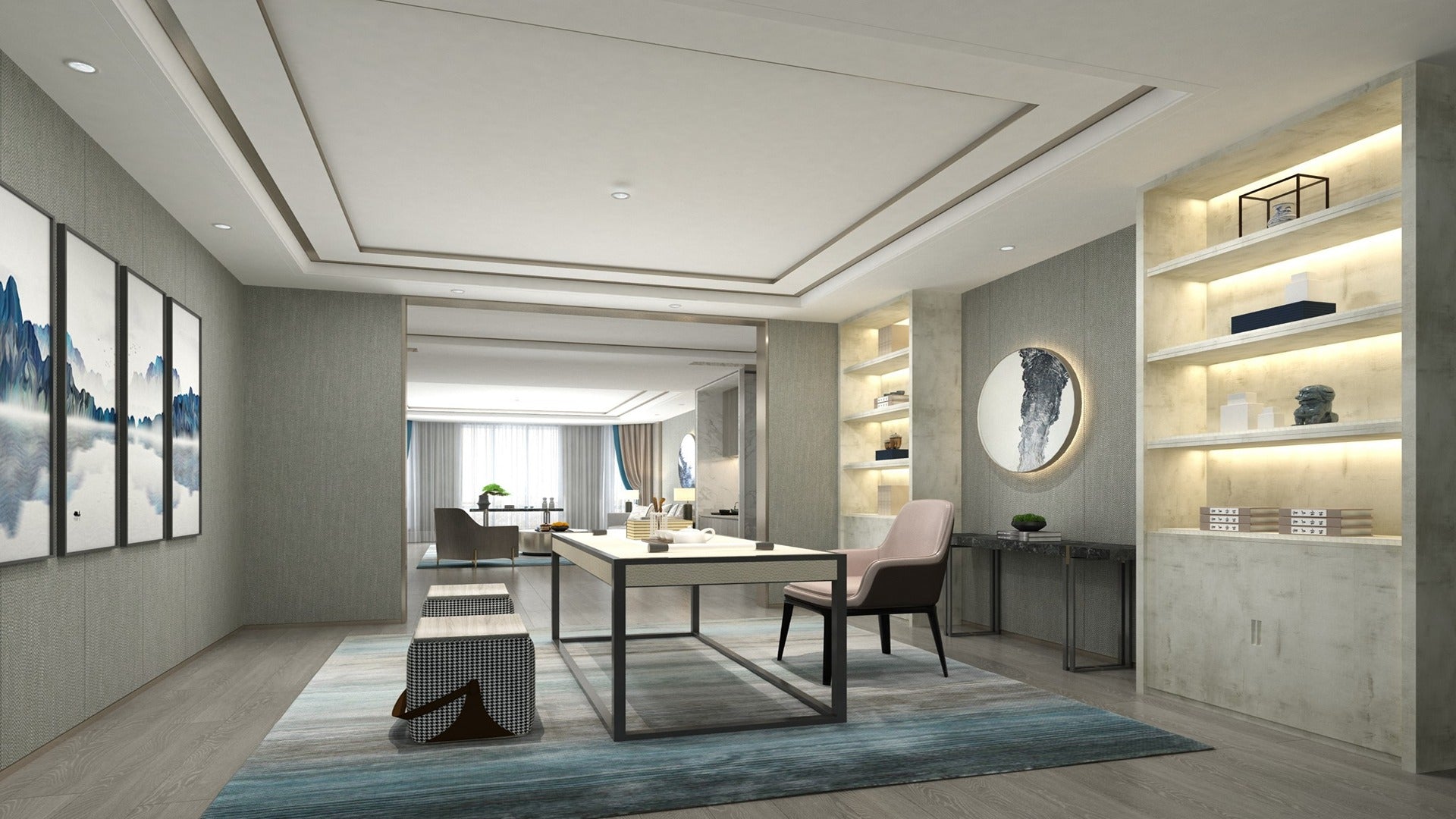 Grey wood laminate wall with matte finish in modern office space with minimalist decor and natural light.