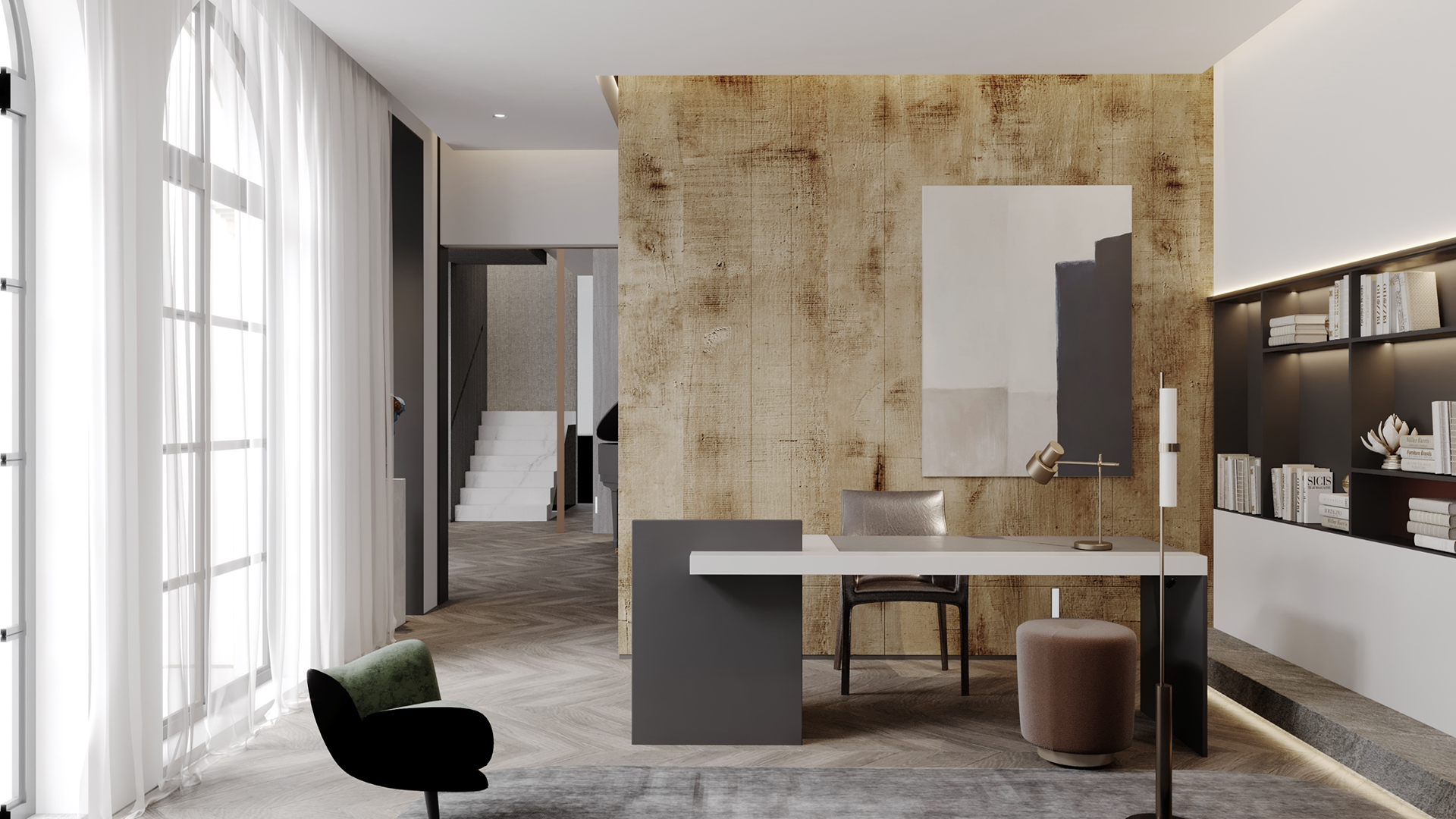 Beige matte laminate wall in modern room with white desk and black shelving unit displaying books and decorative items