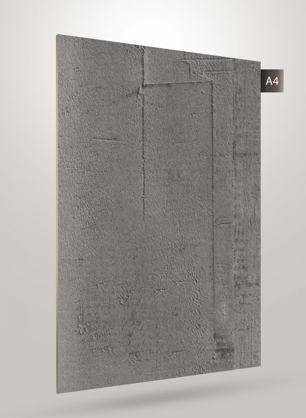 Matte grey textured laminate with embossed pattern and rough finish, showing detailed texture and subtle grey tones.