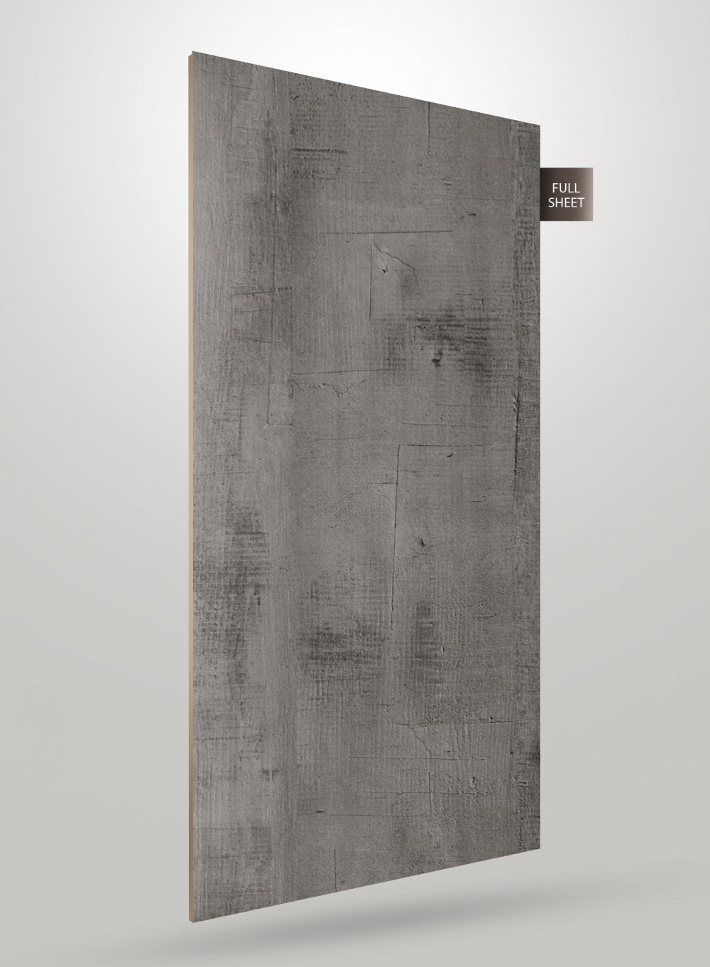 Grey concrete textured decorative laminate sheet with matte finish and full sheet label on corner.