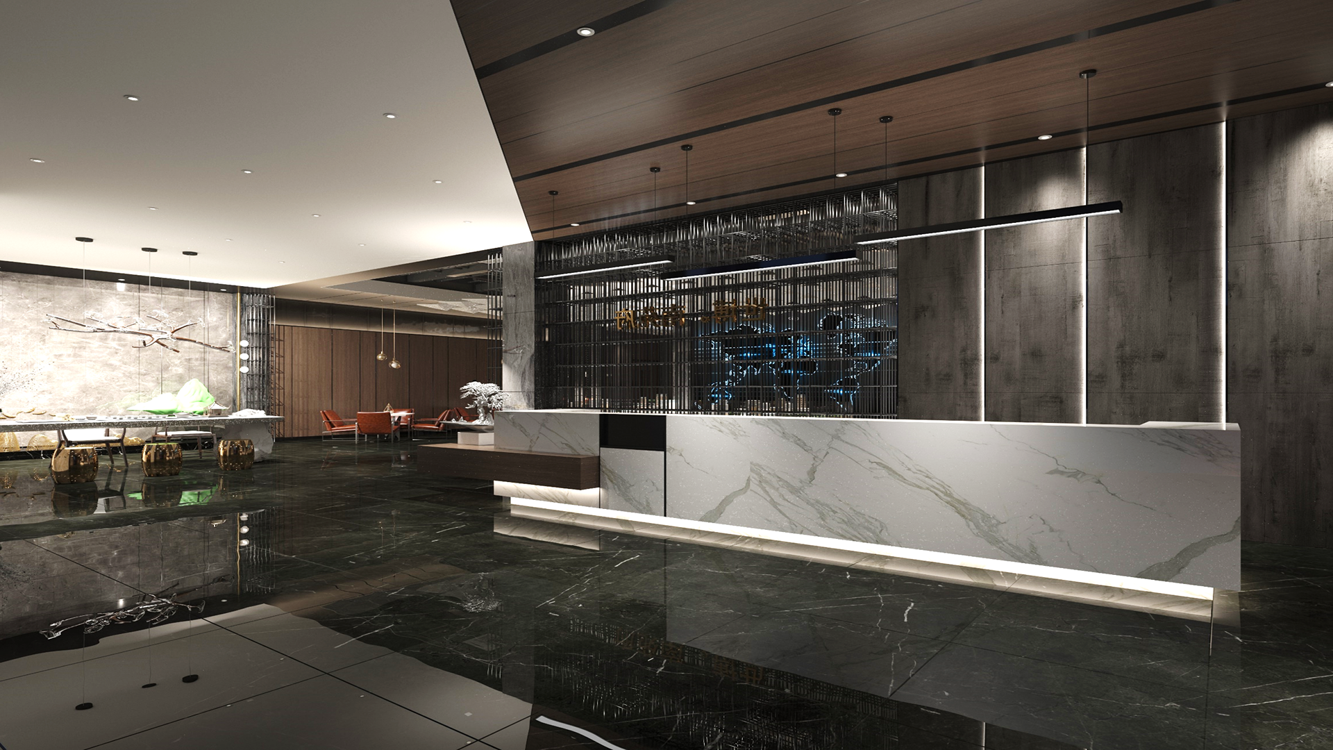 Marble reception desk and dark wood ceiling in modern interior with sleek lighting and minimalist decor showcasing laminate
