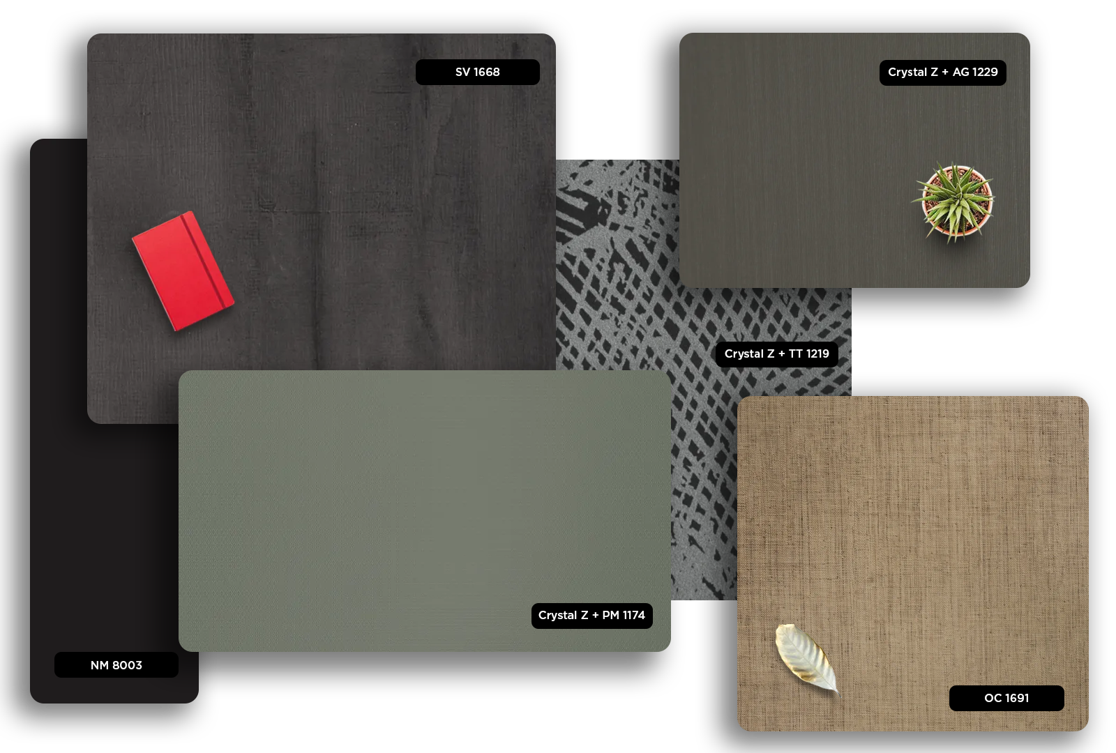 Black matte laminate with textured finish and subtle grain visible in the main sample display.