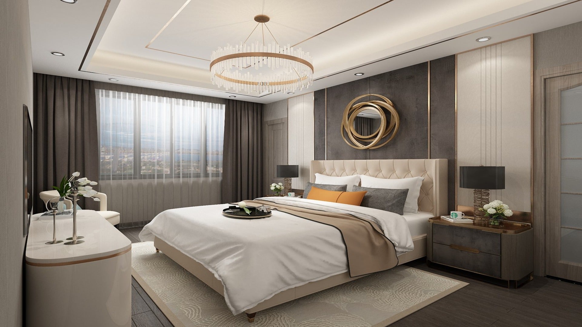 Dark grey laminate wall panels in modern bedroom with beige furniture and white bedding, matte finish visible on wall surface