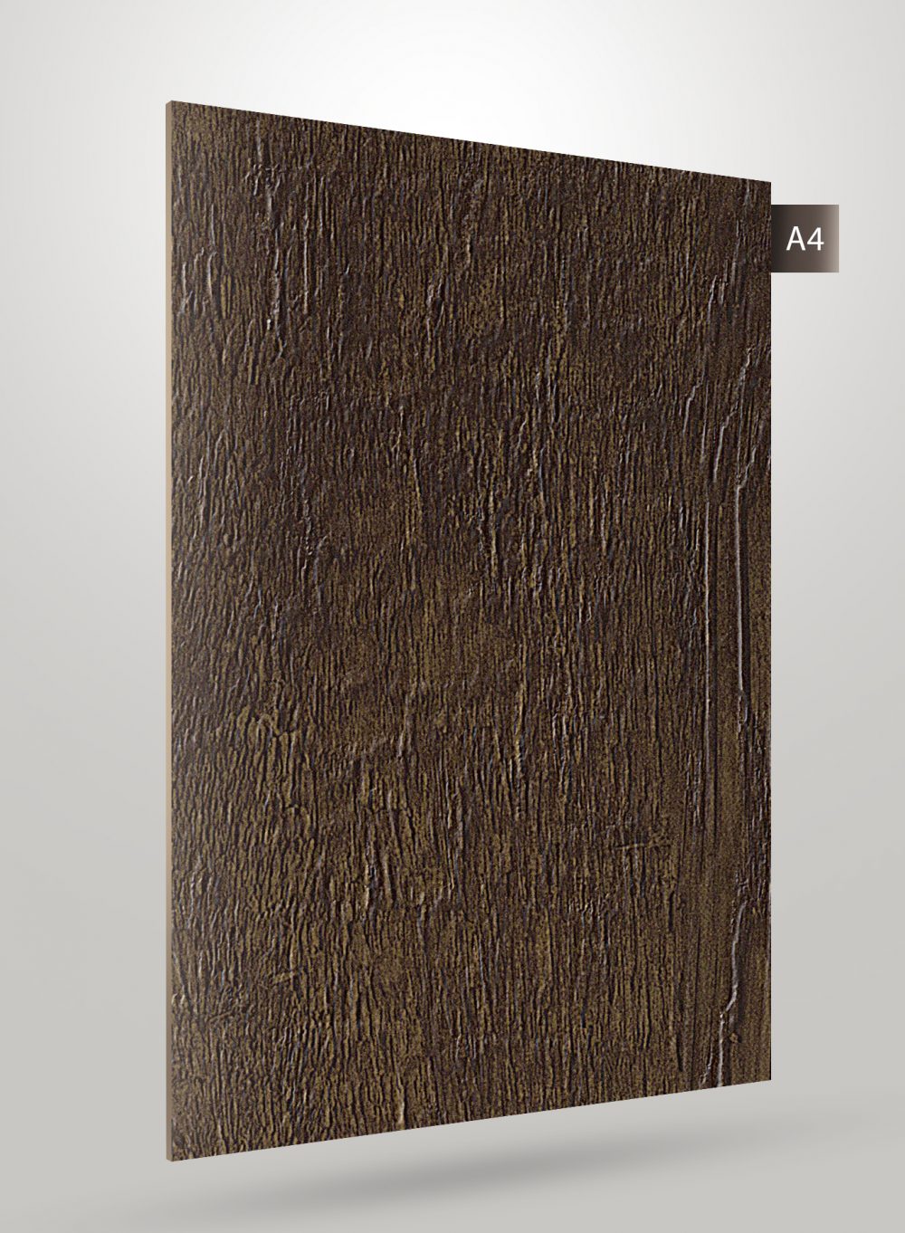 Brown wood grain laminate with textured finish and vertical pattern, shown at an angle with label A4.