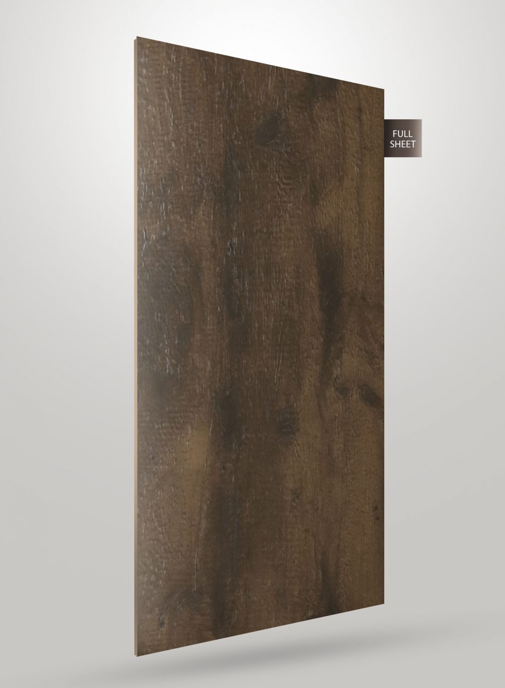 Brown wood grain decorative laminate sheet with matte finish and visible texture, labeled full sheet.