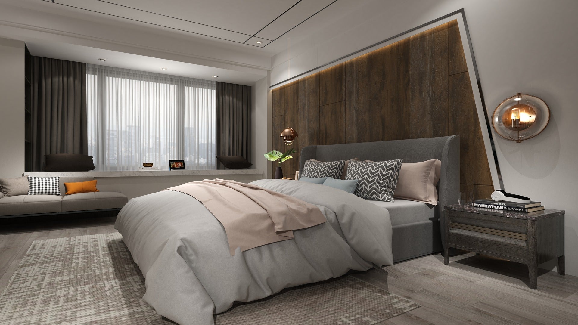 Multi-colour wood laminate wall with matte finish and wood grain texture in a modern bedroom setting with grey furniture.