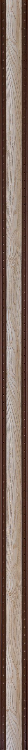 Wood tone textured louver panel with wood grain pattern and brown edges featuring rivets on a wall panel design