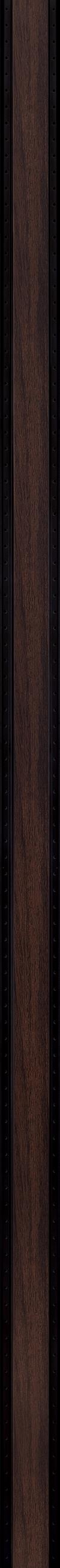 Wood tone louver panel with textured wood grain finish and black metal framing with perforated edges