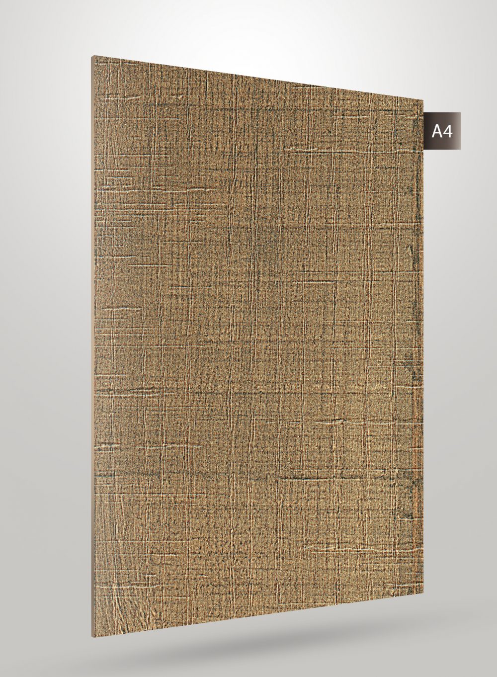 Brown wood grain decorative laminate with textured finish and grid pattern visible on its surface.