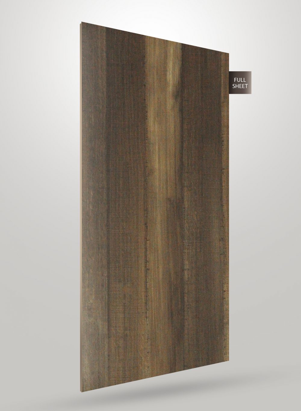 Brown wood grain decorative laminate with matte finish and visible texture, shown as a full sheet.