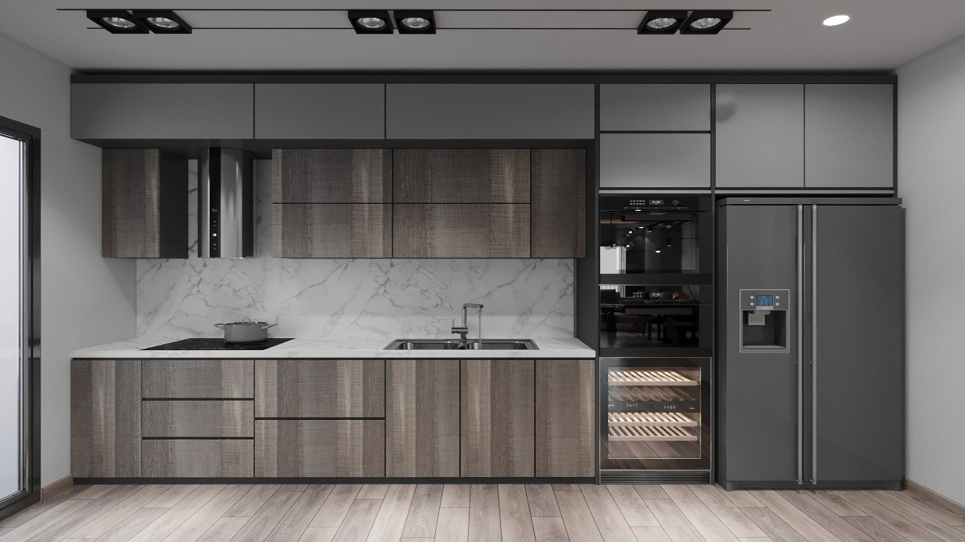 Brown wood laminate kitchen cabinets with matte finish and wood grain texture in a modern kitchen setting.