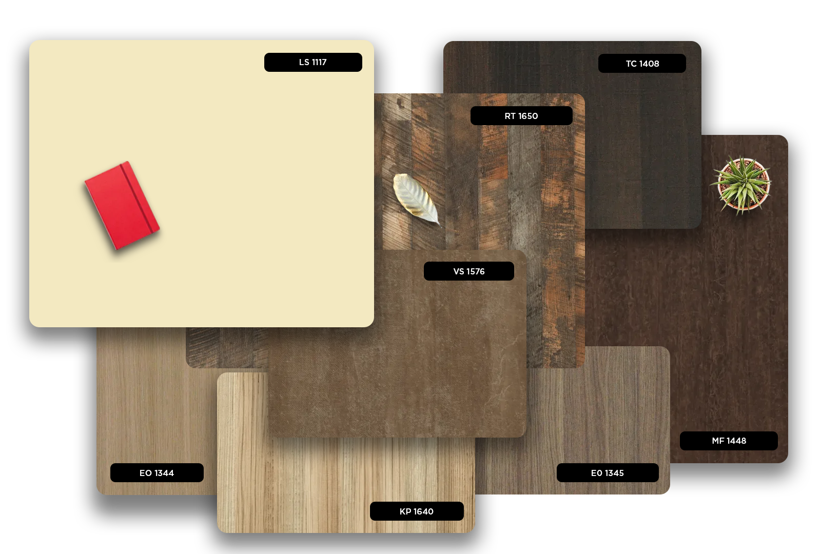 Multi-coloured wood laminate with matte finish and wood grain texture, showcasing various patterns and colours in a collage.