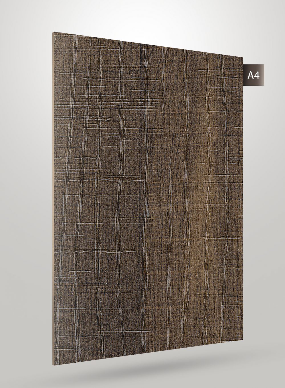 Brown wood grain laminate with grid pattern and matte finish, showing textured surface and subtle sheen variation.