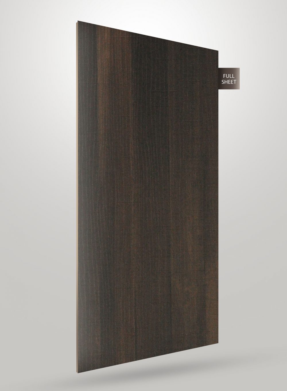 Dark brown wood grain laminate sheet with matte finish and visible wood texture, displayed as full sheet.
