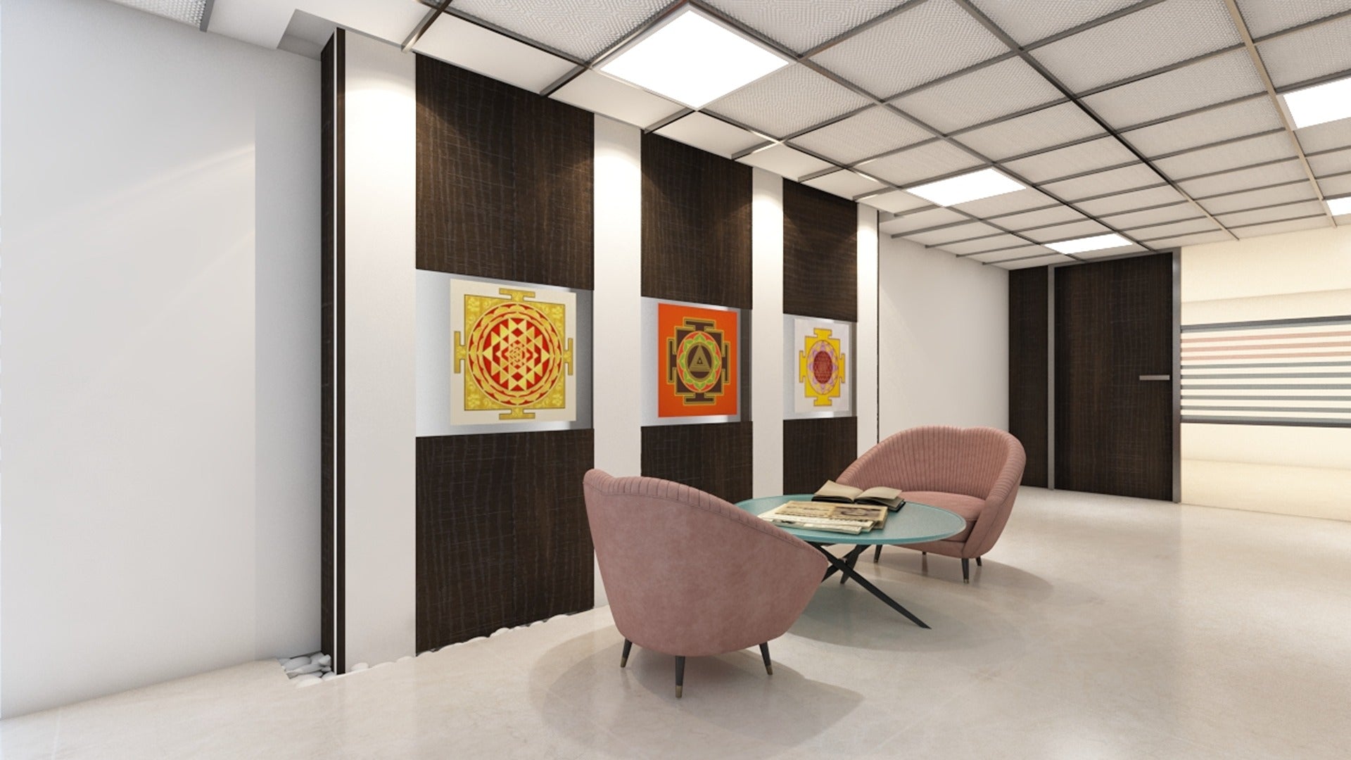 Dark wood laminate wall panels with matte finish in a modern room with pink chairs and artwork on display