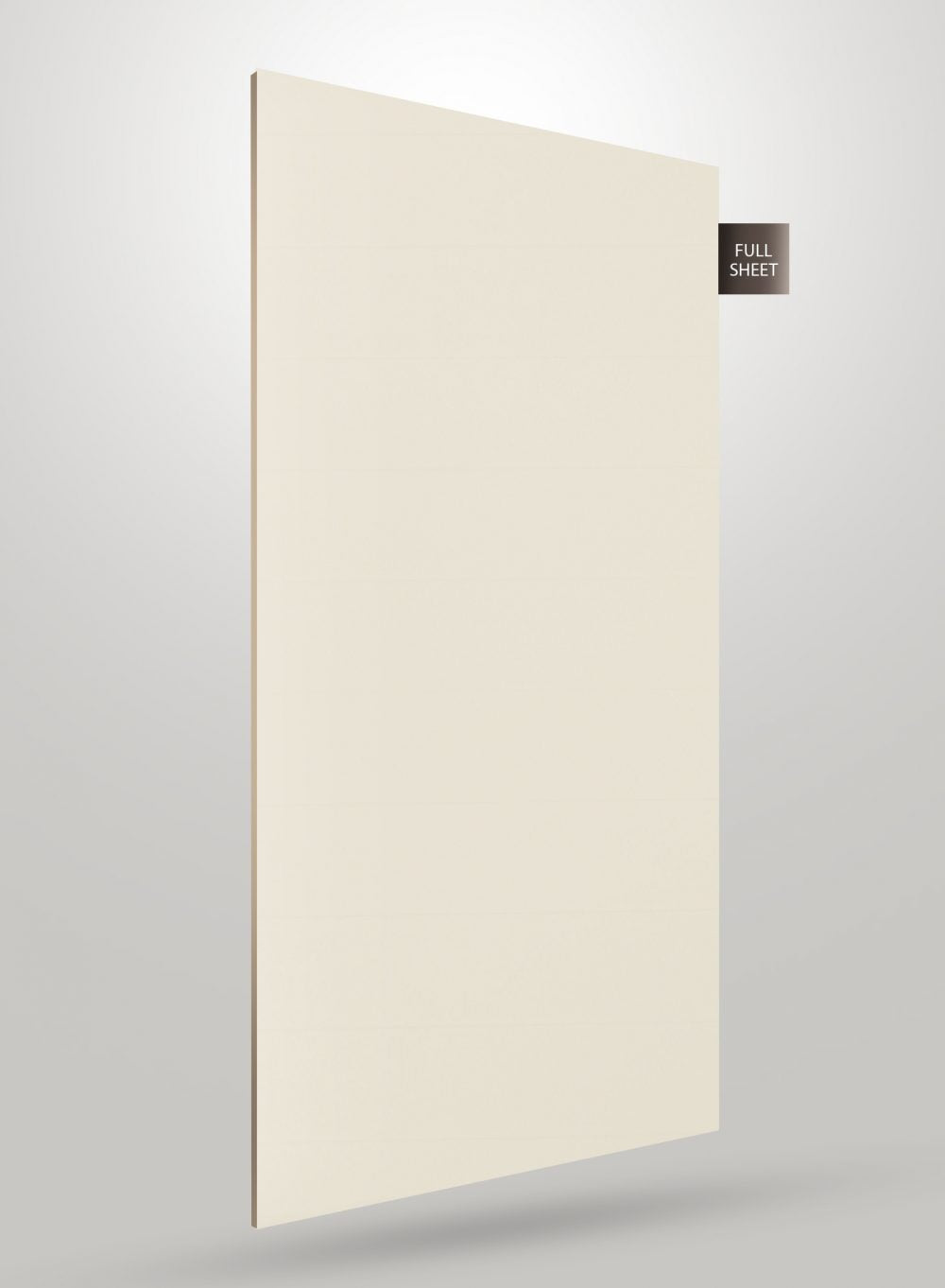 Ivory decorative laminate sheet with matte finish and plain design displayed upright with full sheet label on gray