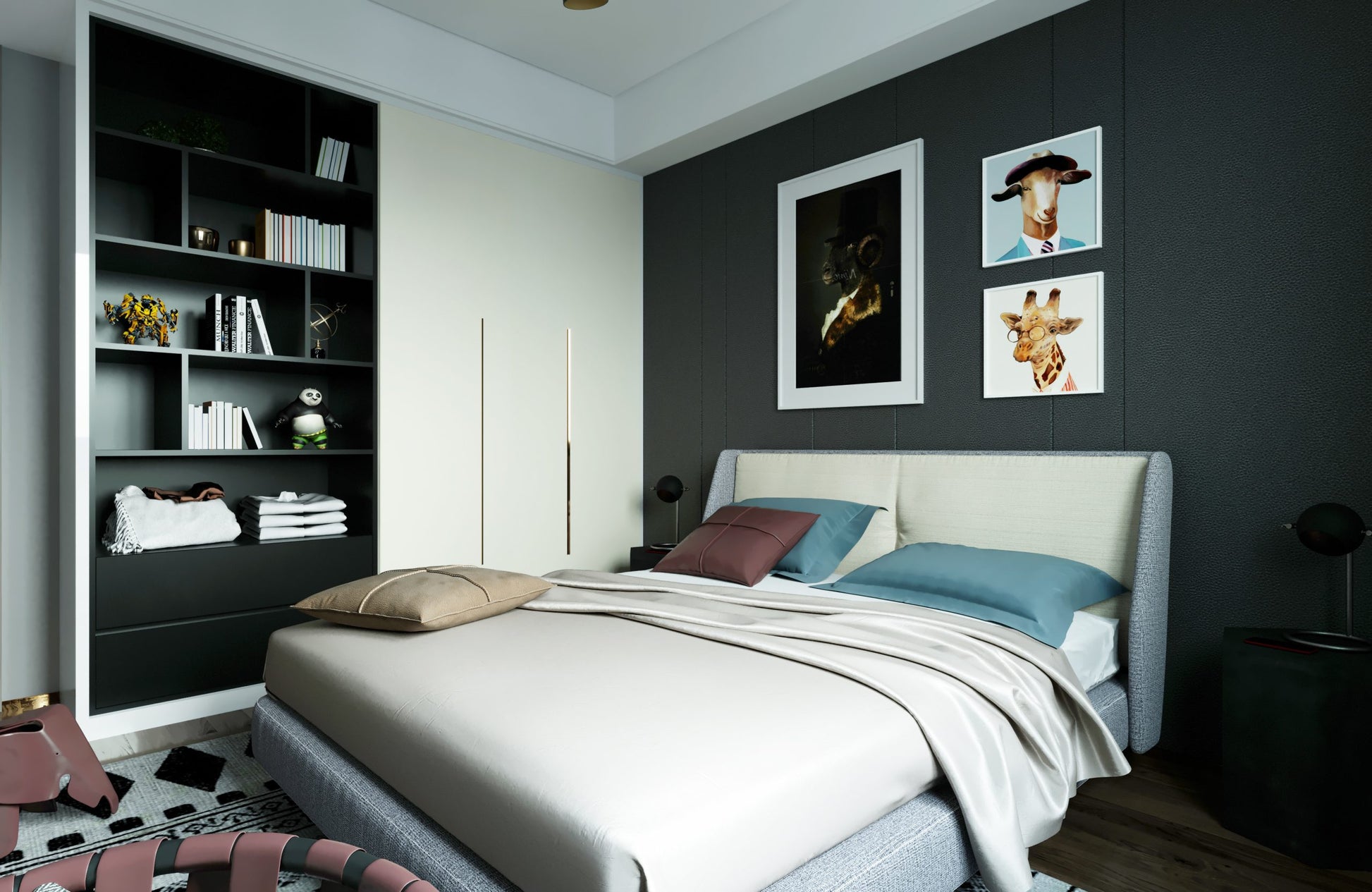 Dark grey laminate wall paneling in bedroom with bed, bookshelf and decorative items, showing matte finish and textured